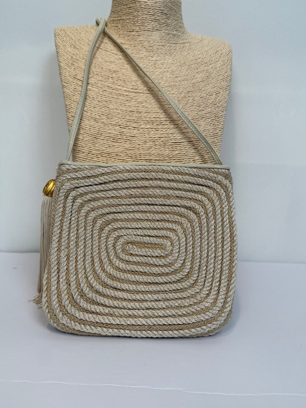 Sharif Vintage Rope Cord Crossbody Bag Ivory Cream Tassel Made USA 1980s